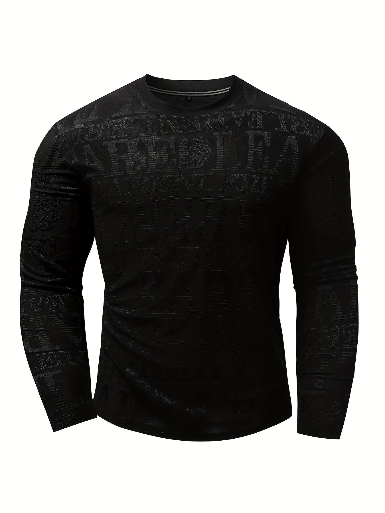 Men's Slim-Fit Casual Long Sleeve T-Shirt with Geometric Letter Design - Breathable Polyester, Machine Washable
