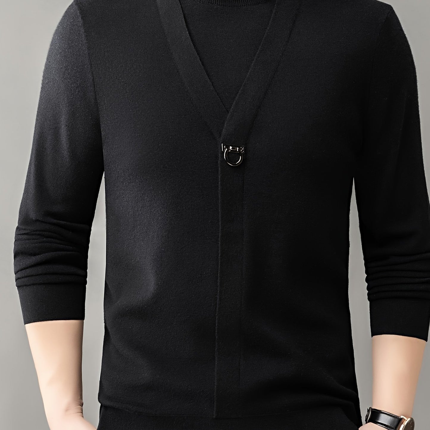 New Autumn And Winter Men'S Fashion: a Round-Neck Long-Sleeve Sweater That Looks Like a Two-Piece, Suitable for Business Casual Wear, Featuring a Faux Placket Design, Knit