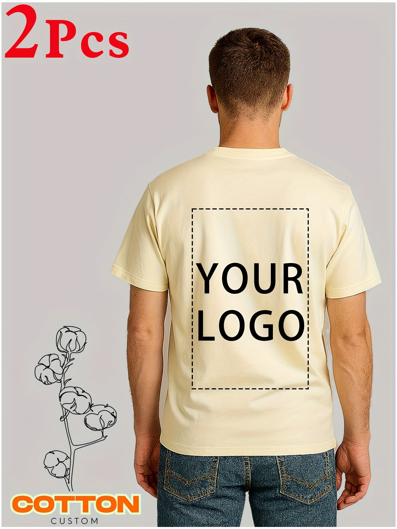 2pcs Men's 100% Cotton Custom T-Shirts 2-Sided Printing - Personalized Text/Logo/Photo Printing on Chest, Back & Sleeve - DIY Customizable Short Sleeve Round Neck Tees for Promotional Events, Team Uniforms, Casual Attire - Ma