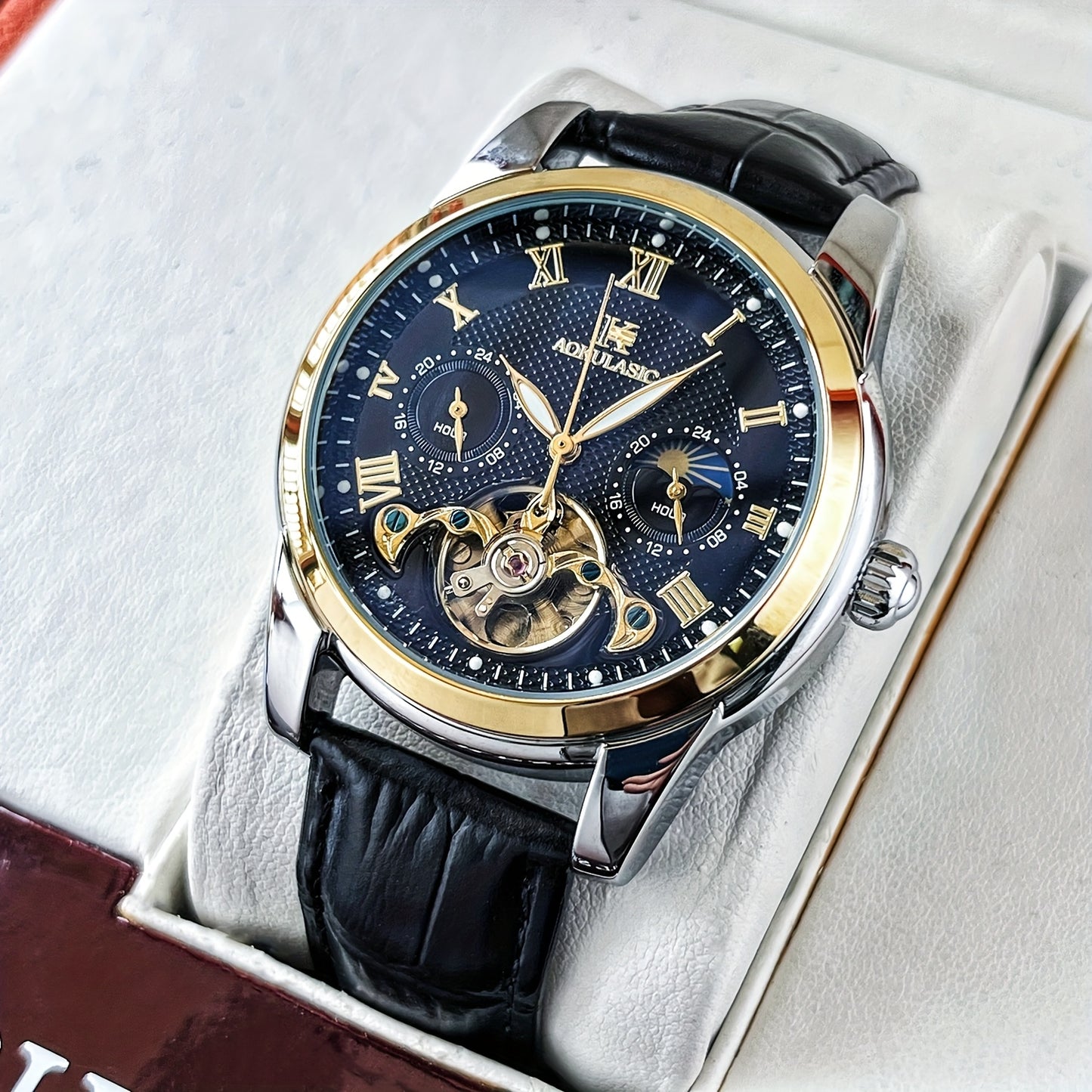 Luxury Automatic Mechanical Watch for Men - Fashionable and Versatile Casual Style - Light Luxury High-end Sun, Moon, Stars 24-Hour Function - Automatic Winding Luminous Hands - Business Demeanor Style - Gift for V