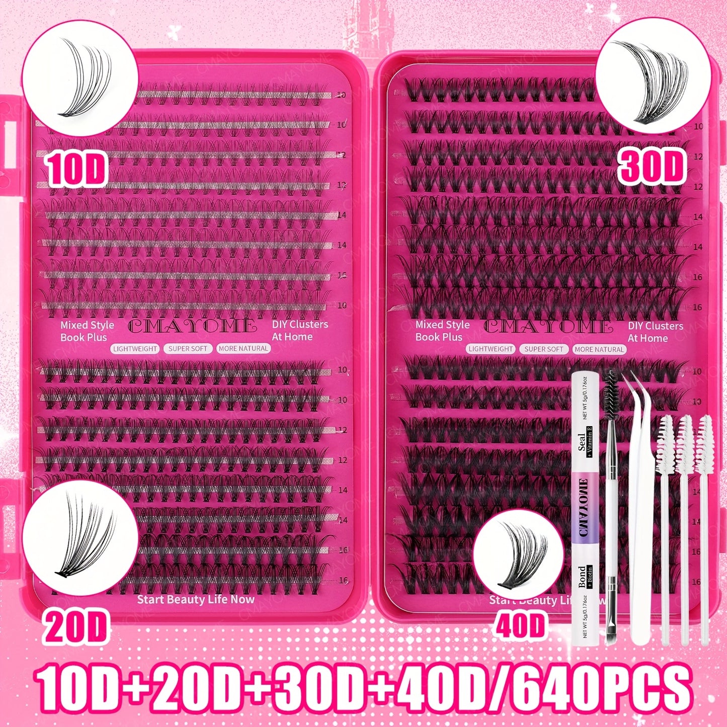 Set de Cils Postiches Fluffy – 240/640 pcs, Grande Capacité, 4 Styles à Mixer, Longueurs Mélangées 8-18 mm, Épaisseurs 10D-100D, Inclus Colle et Outils, Réutilisables et Durables, Idéal pour Débutants, DIY, Extensions et Effet Naturel