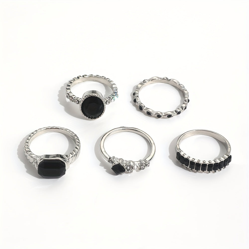 5pcs Alloy Black Rhinestone Ring Set, Minimalist Vintage Elegant Thin Jointed Ring Stackable Collection