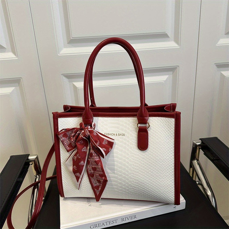 Sac à main grande capacité pour femmes – design bicolore noir et blanc, détails en chaîne et nœud