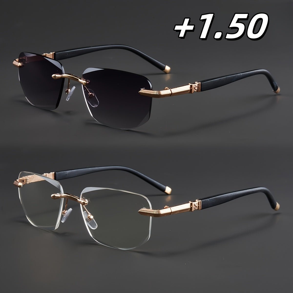 Two Pairs, Bundled Set, Stylish, Men'S, Exquisite, Luxurious, Rimless, Beveled Edge, Reading Glasses, Metal Frame, Options: 100, 150, 200, 250, 300, 350, And 400 Degrees, Without Battery, Christmas Gifts
