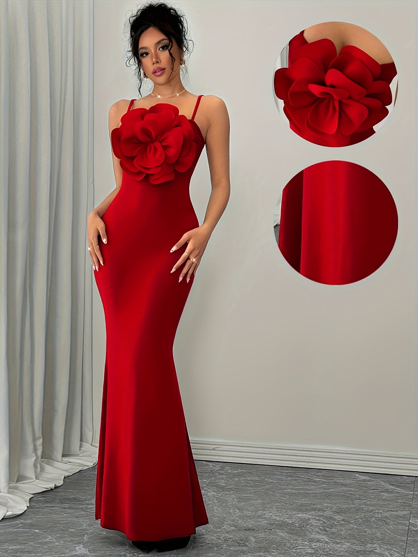 Ladies' Fashionable Temperament Red Bodycon Dress with Large Floral Design | Crew Neck, Solid Color, Suitable for All Seasons.