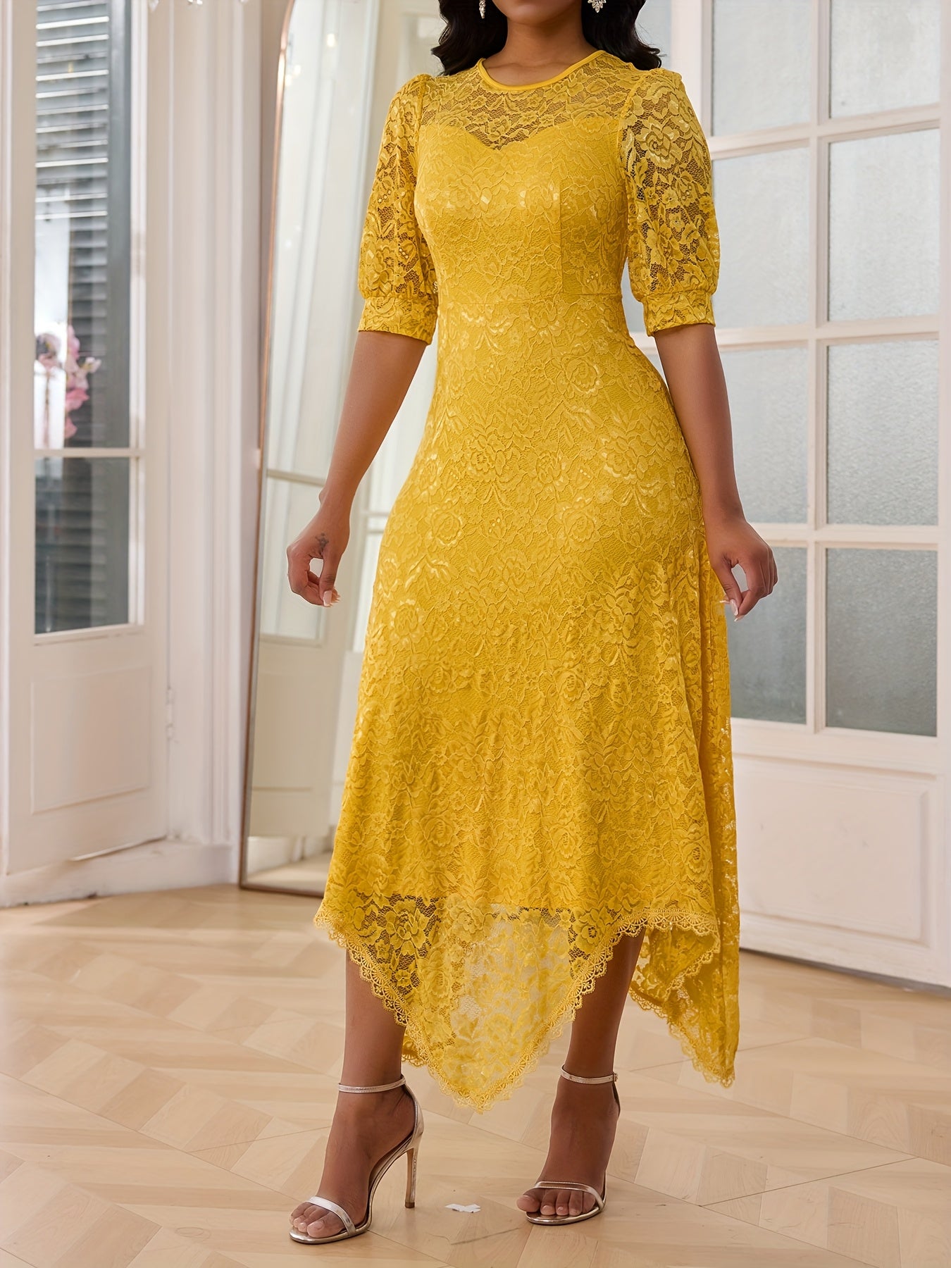 Robe Sirène Élégante pour Femme – Couleur Moutarde, Coupe A-Line, Corsage Slim-Fit et Jupe Longue, Manches Longues Simulées avec Ourlet Demi-Cercle, Fermeture Éclair au Dos