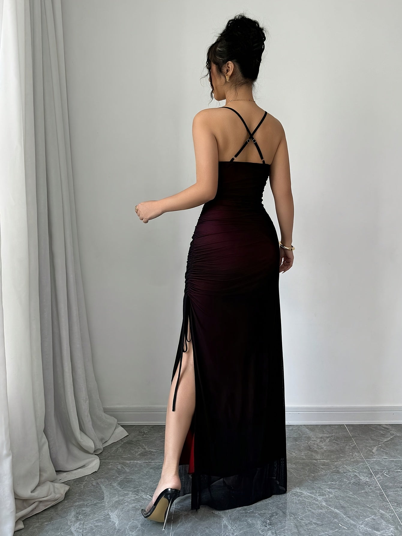 Women's Mesh Panel Cross-Back Long Dress