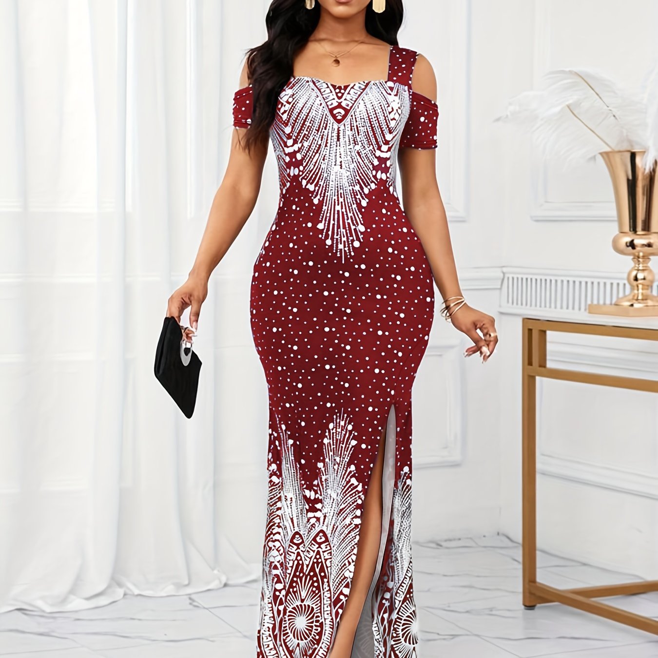 Women's Elegant Paisley Print Square Neck Off-Shoulder Evening Dress - Short Sleeve Bodycon Mermaid with Side Slit & Waist Accent, Machine Washable Summer Formal Party Wear, Evening Event Attire, Stretchy Fabric Gown, Comfort