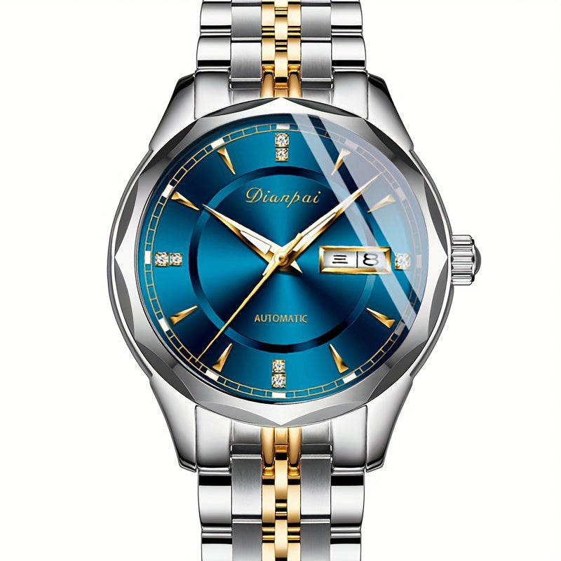 Montre Mécanique Automatique Homme – Acier Inoxydable, Grand Cadran avec Aiguilles Dorées, Chronographe de Luxe avec Calendrier & Affichage de la Semaine, Marqueurs Lumineux, Étanche 30 m – Idée Cadeau pour Homme (Fête des Pères, Anniversaire)