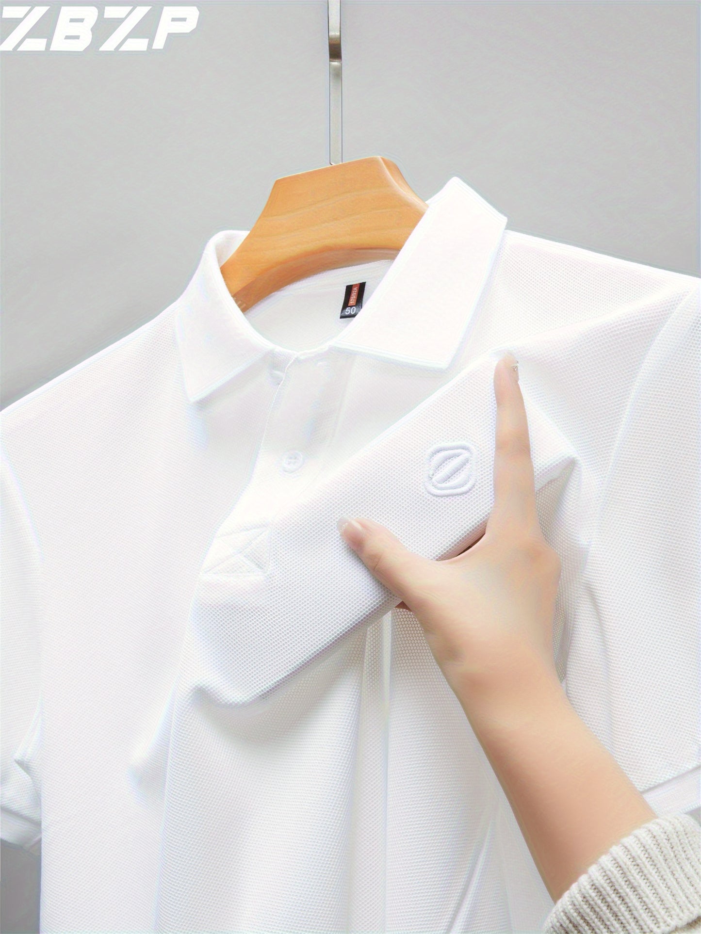 Men's Slim-Fit Short Sleeve Shirt - Breathable Black with White Collar & Logo, Classic Lapel Neck, Wrinkle-Resistant Fabric for Spring/Autumn, Versatile Casual & Semi-Formal Wear - Easy Care (Hand Wash/Dry Clean) - ZBZP25 Col