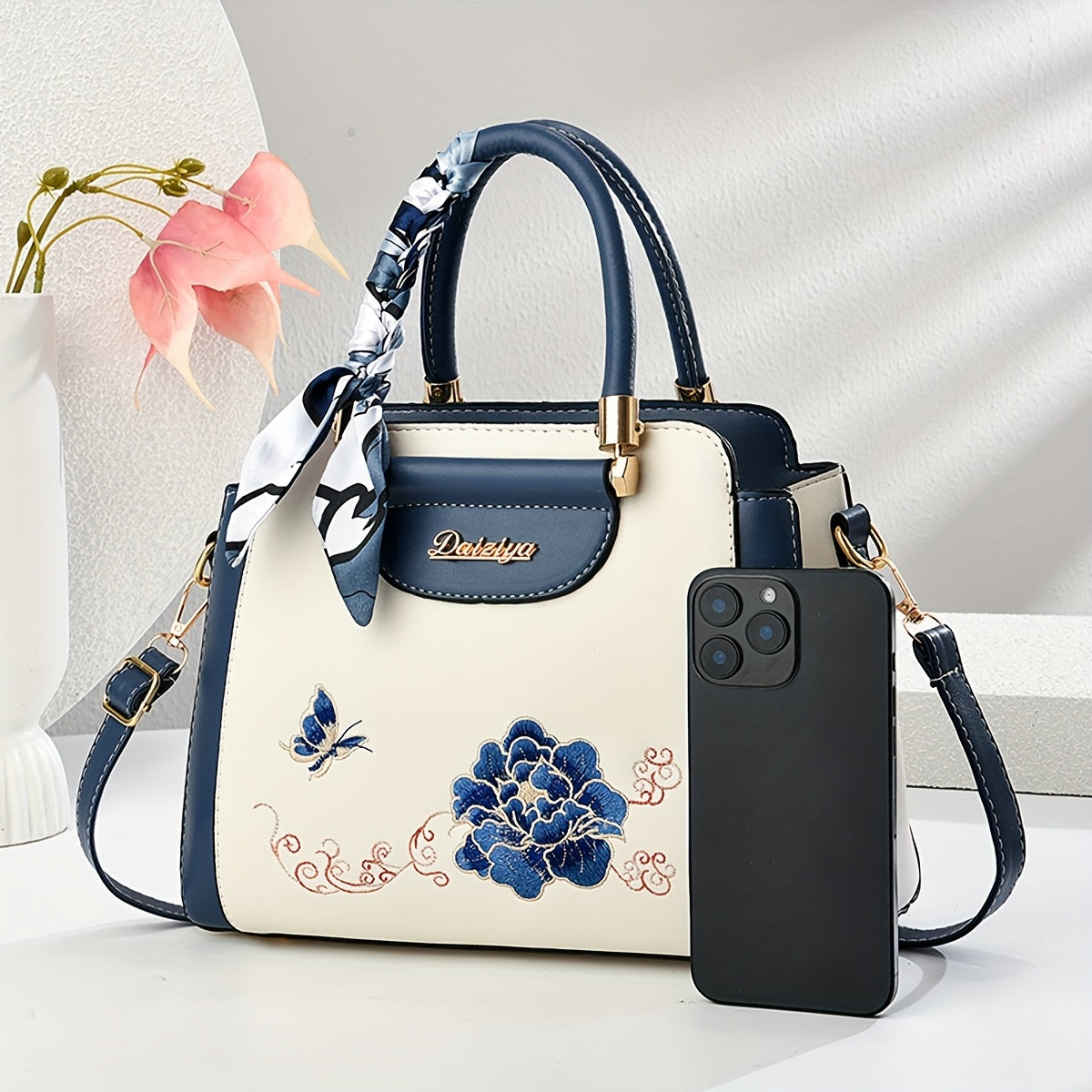 Sac à main pour femmes – broderie florale, bandoulière réglable, fermeture zippée, bleu marine et blanc, parfait pour travail, voyage ou cadeau fête des mères, doublure polyester, avec écharpe décorative