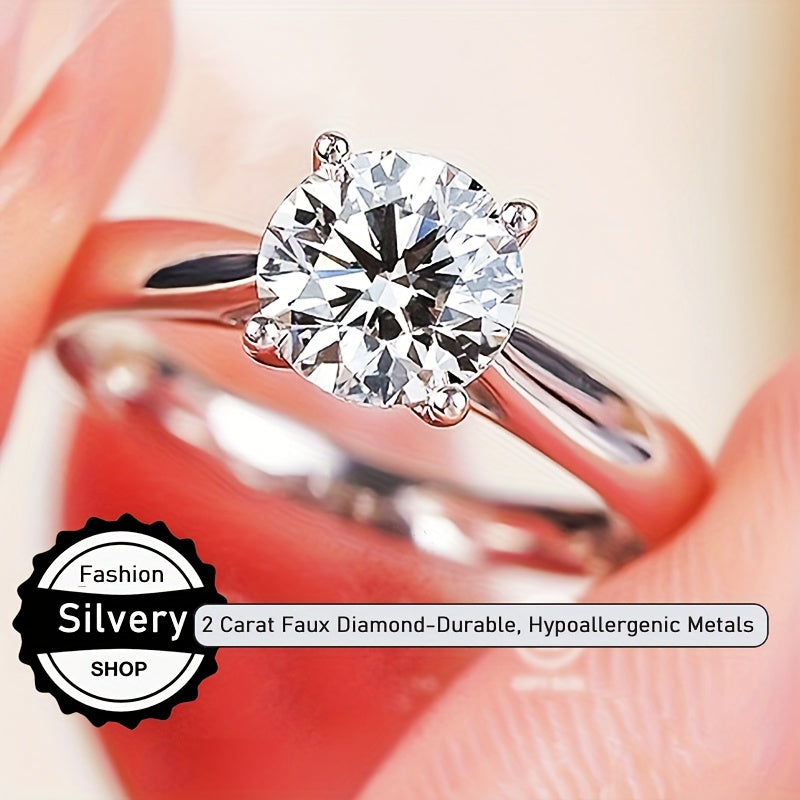 Bague Femme 2 Carats – Solitaire Rond Classique à 4 Griffes, Plaqué Argent Hypoallergénique, Pierre Brillante, Idéale Quotidien, Mariages et Saint-Valentin, Bijou Élégant et Raffiné