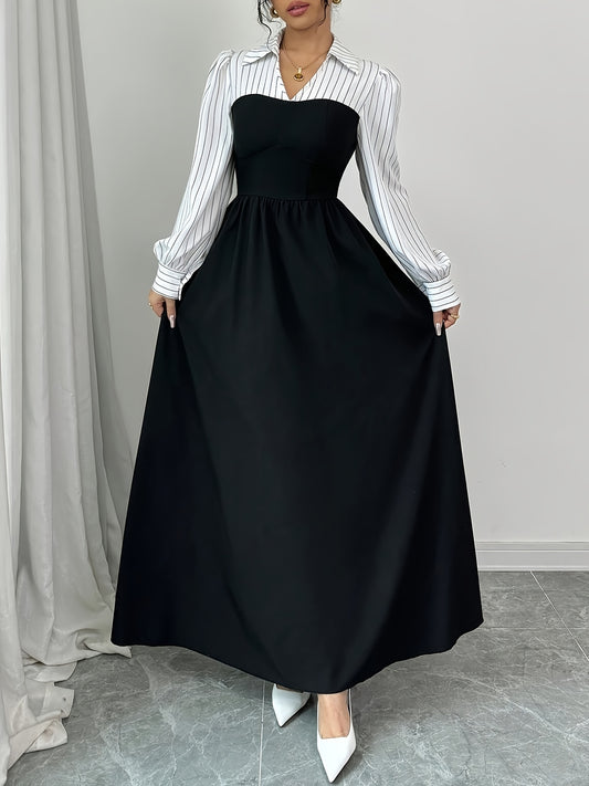 Black and White Striped Print Patchwork Long Dress, Fashionable Elegant Women's Autumn/Winter Maxi Sleeve Dress - Fall Clothing Trends, Ladies Apparel for Halloween & Christmas