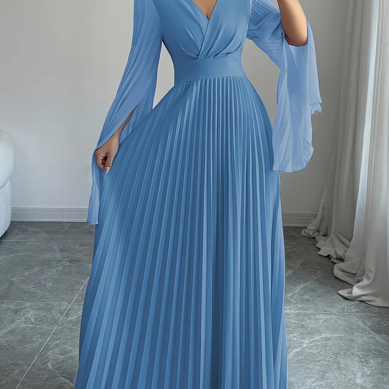 Elegant Long-Sleeve V-Neck Pleated Maxi Dress for Women, Perfect for Spring And Summer.