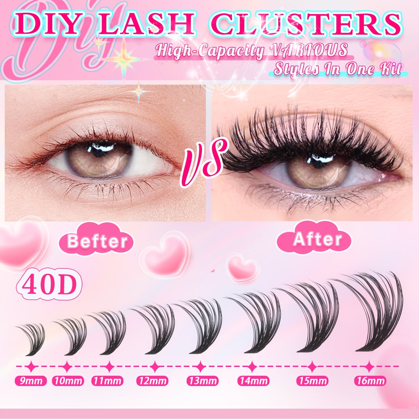 Set de Cils DIY pour Femme – 37 Rangées (740 pcs) / 14 Rangées (280 pcs) / 10 Rangées (200 pcs), Cils Individuels 8-16 mm, Inclus Brosse à Cils, Style Hybride, Parfait pour DIY Débutants à la Maison, Réutilisable