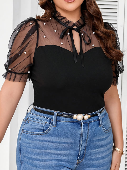 T-shirt estival élégant pour femmes grande taille, manches courtes avec empiècements en mesh et col contrasté à nouer