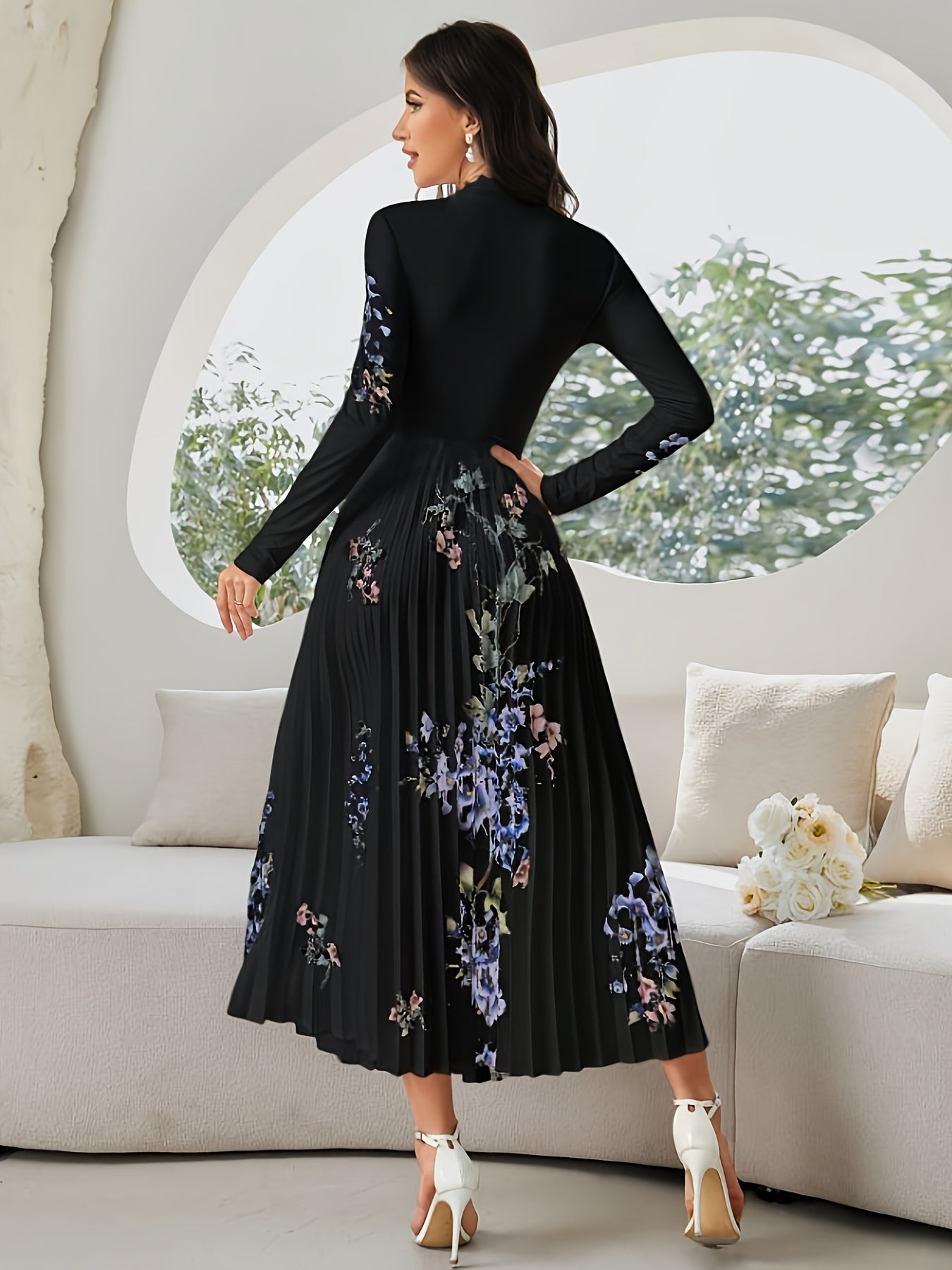 Robe Longue Élégante – Imprimé Floral Noir et Bleu, Col Montant, Manches Bouffantes Longues, Coupe A-Ligne, Idéale Soirées, Mariages et Événements Printemps/Automne, Lavable en Machine