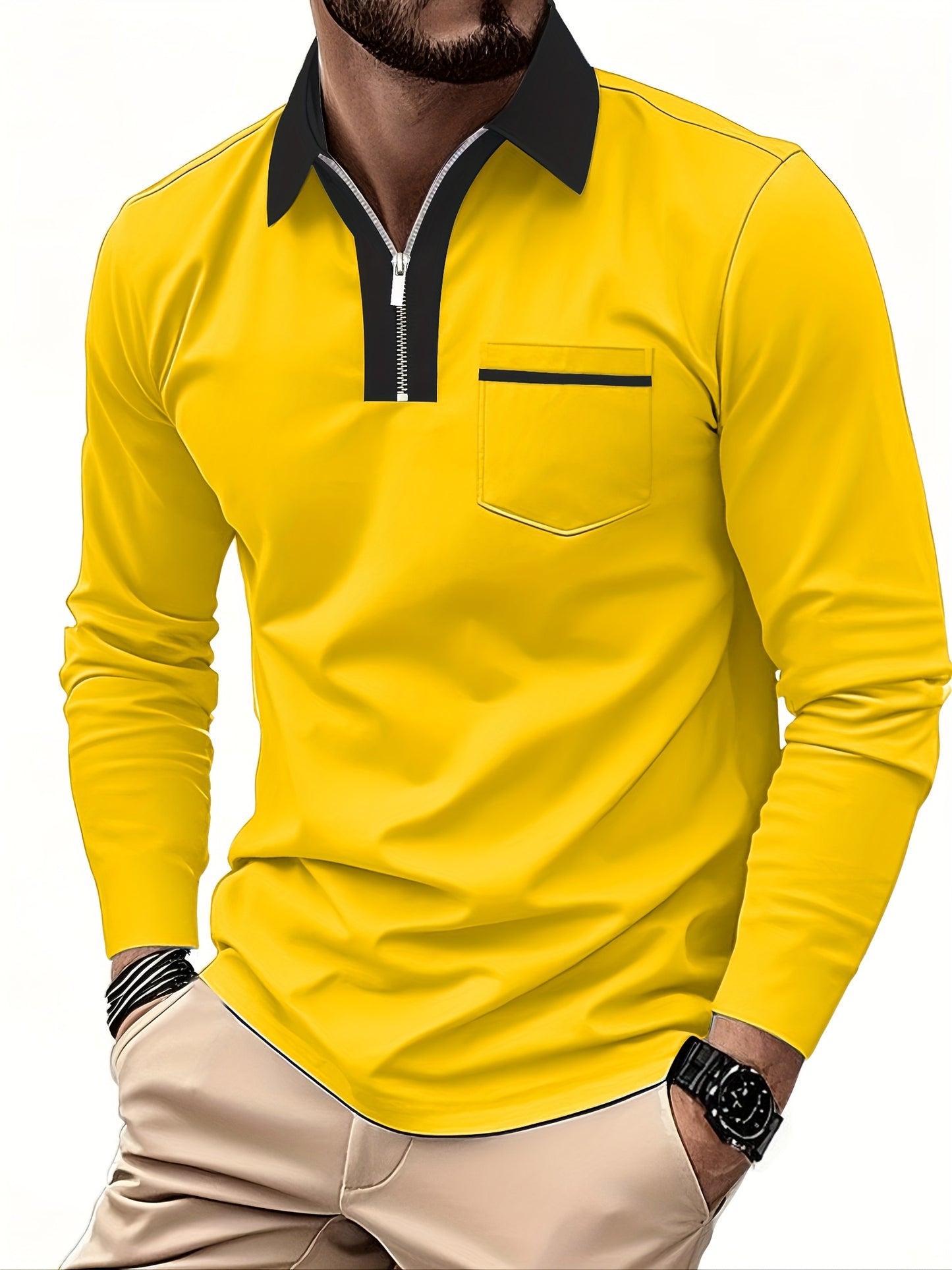 Men'S Light Blue Long Sleeve Polo Shirt with Zipper Collar & Chest Pocket - Casual Button-Up Shirt for Spring/Fall, Regular Fit, Solid Color, Spring Fall Apparel | Zipper Collar Shirt | Slight Stretch Fabric