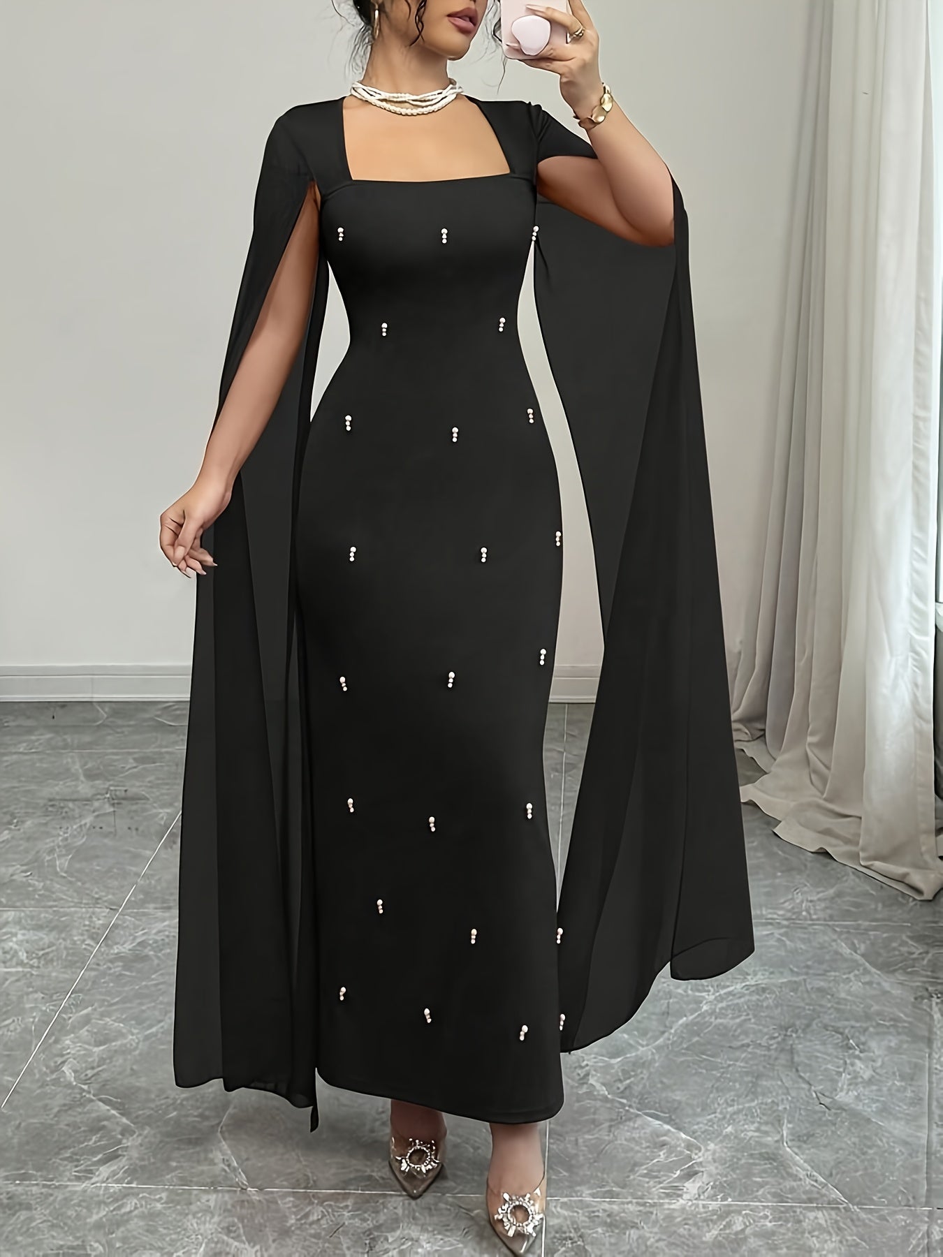 Elegant Everyday Party Fitted Shawl Collar Chiffon Sheer Stretchy Red Women'S Dress - Long Mermaid Gown for Spring And Summer