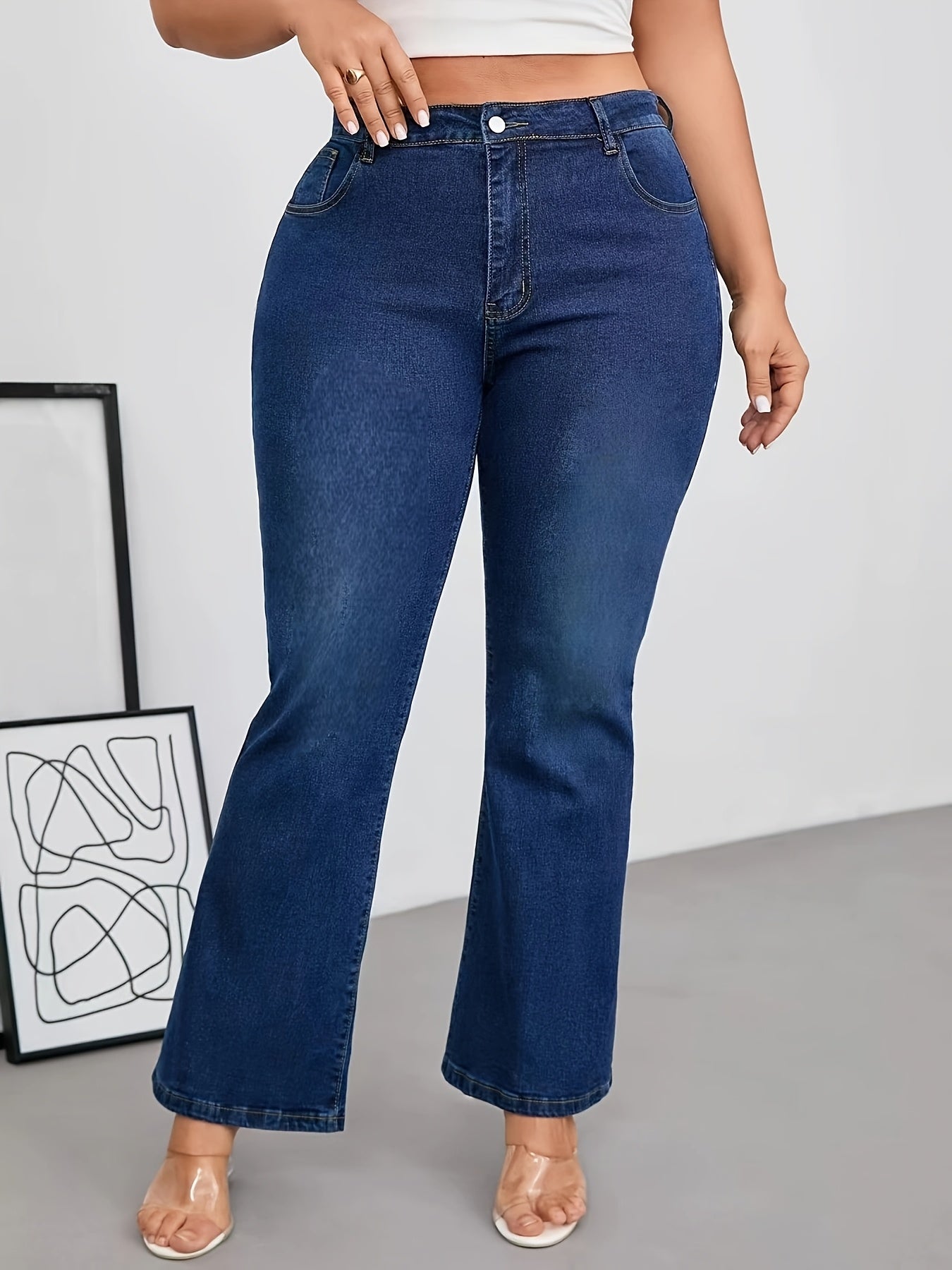 Jeans Femme Grande Taille Taille Haute Évasé Extensible Bleu Poches Obliques Boutons Toute Saison Élégant Décontracté et Formel