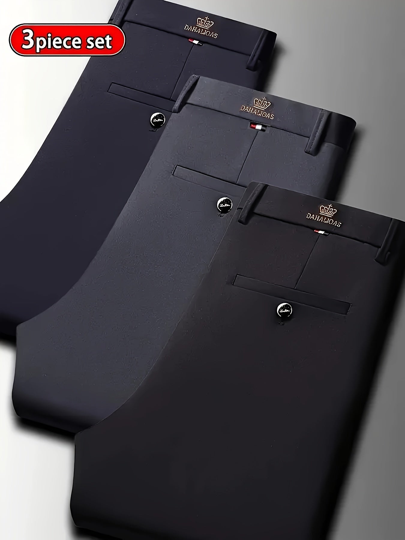 3pcs Pantalons Homme Business Casual – Stretch, Anti-Rides, Tout Saison, Logo, Zipper, Regular Fit
