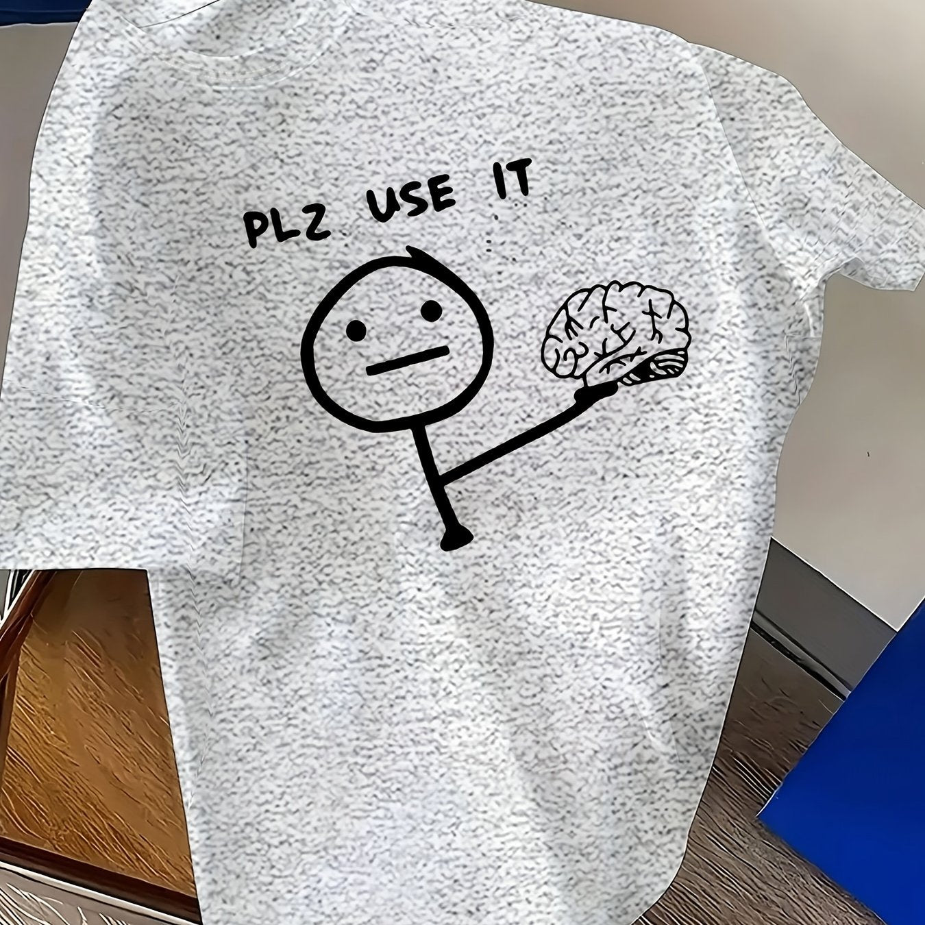 Men'S Funny Graphic T-Shirt - "PLZ USE IT" with Stick Figure & Brain Design - Royal Blue Crew Neck Tee - Lightweight Summer Shirt for Everyday Casual Wear - Funny Conversation Starter Apparel for Men, Humorous Clothing, Playf