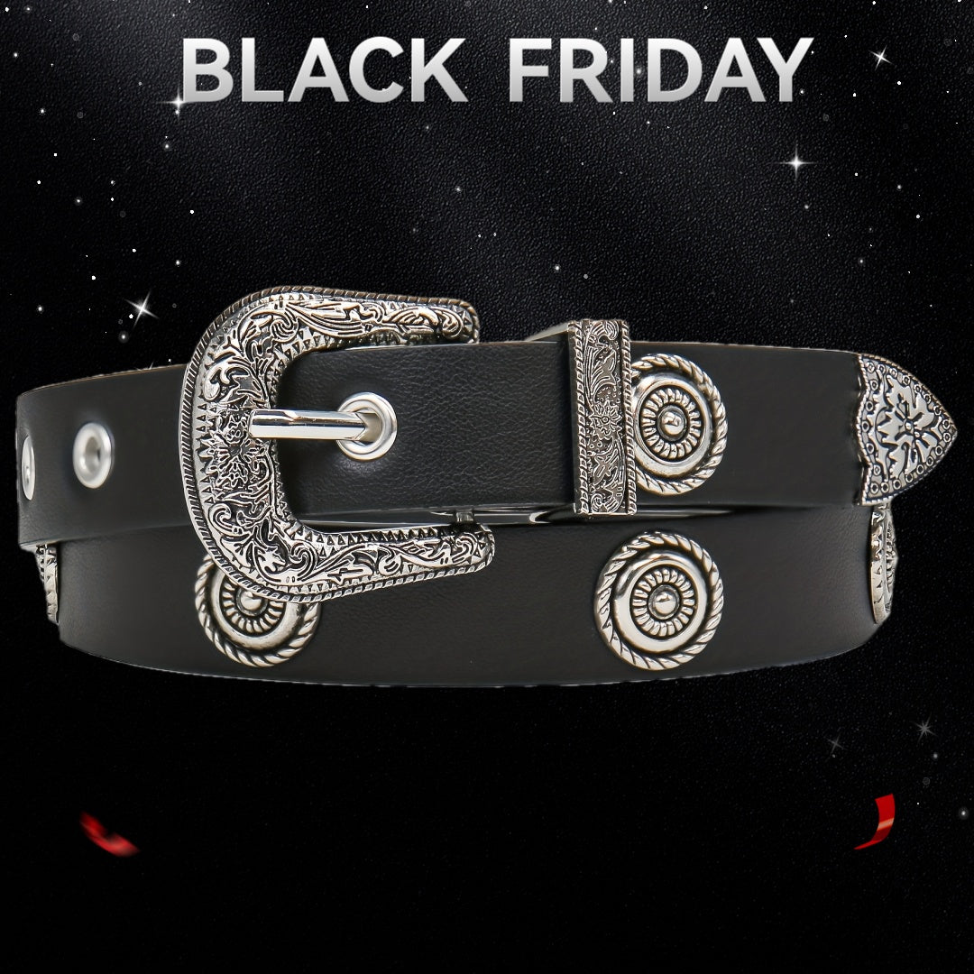 Ceinture pour femmes – Noir avec clous métalliques dorés, boucle métallique ornée, taille standard, pour robes, pantalons et jeans, ceinture style western, ceinture noire imitation cuir