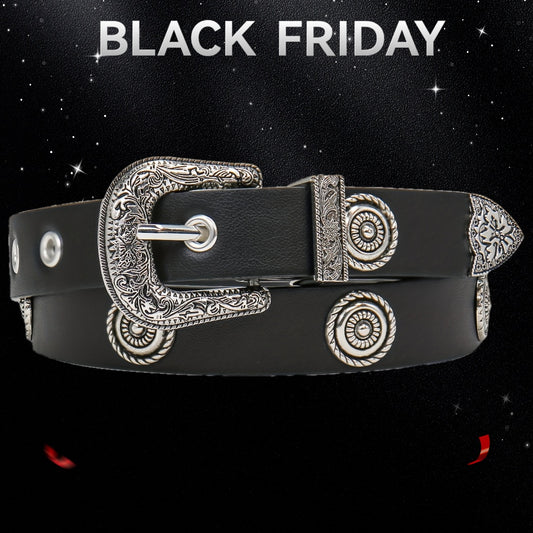 Ceinture pour femmes – Noir avec clous métalliques dorés, boucle métallique ornée, taille standard, pour robes, pantalons et jeans, ceinture style western, ceinture noire imitation cuir