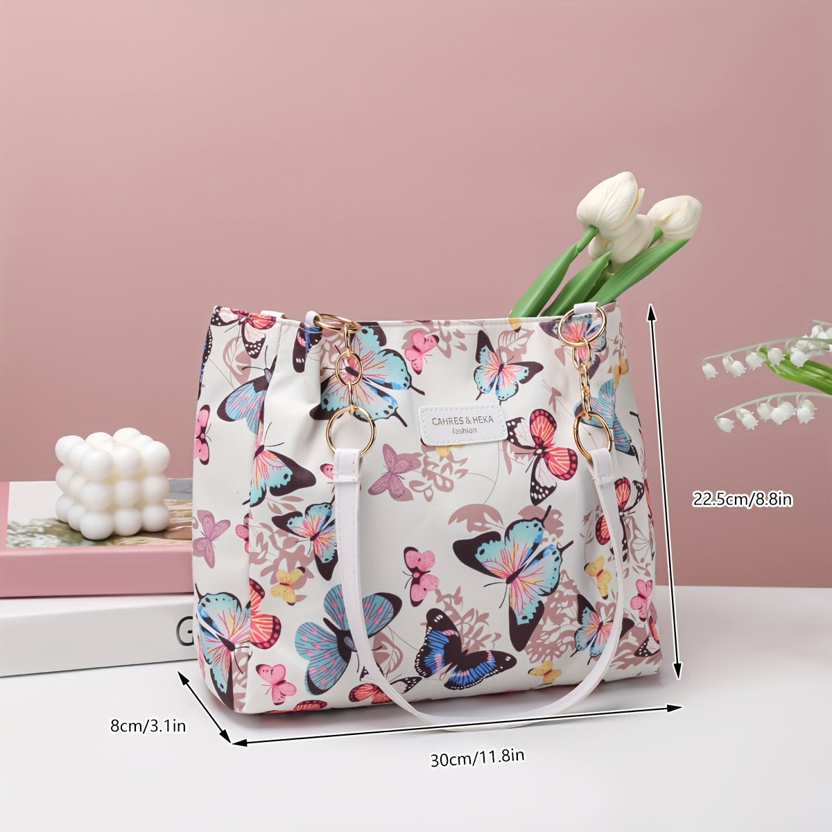 Sac Cabas en Toile Chic à Motif Floral et Papillon pour Femmes – Grande Capacité, Fermeture Éclair, Idéal pour Usage Quotidien et Déplacements – Cadeau Stylé pour Elle