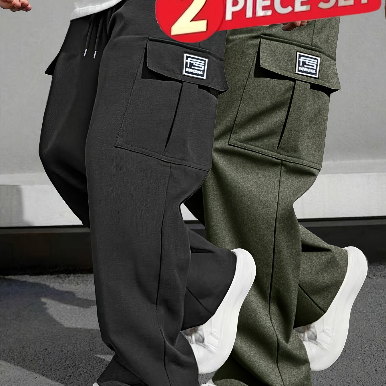 Pantalons de travail robustes pour homme (2 pièces) – cargo multi-poches, coupe ample, taille sans ceinture, poches zippées, jambe droite, idéals construction, sport et tenue décontractée, printemps