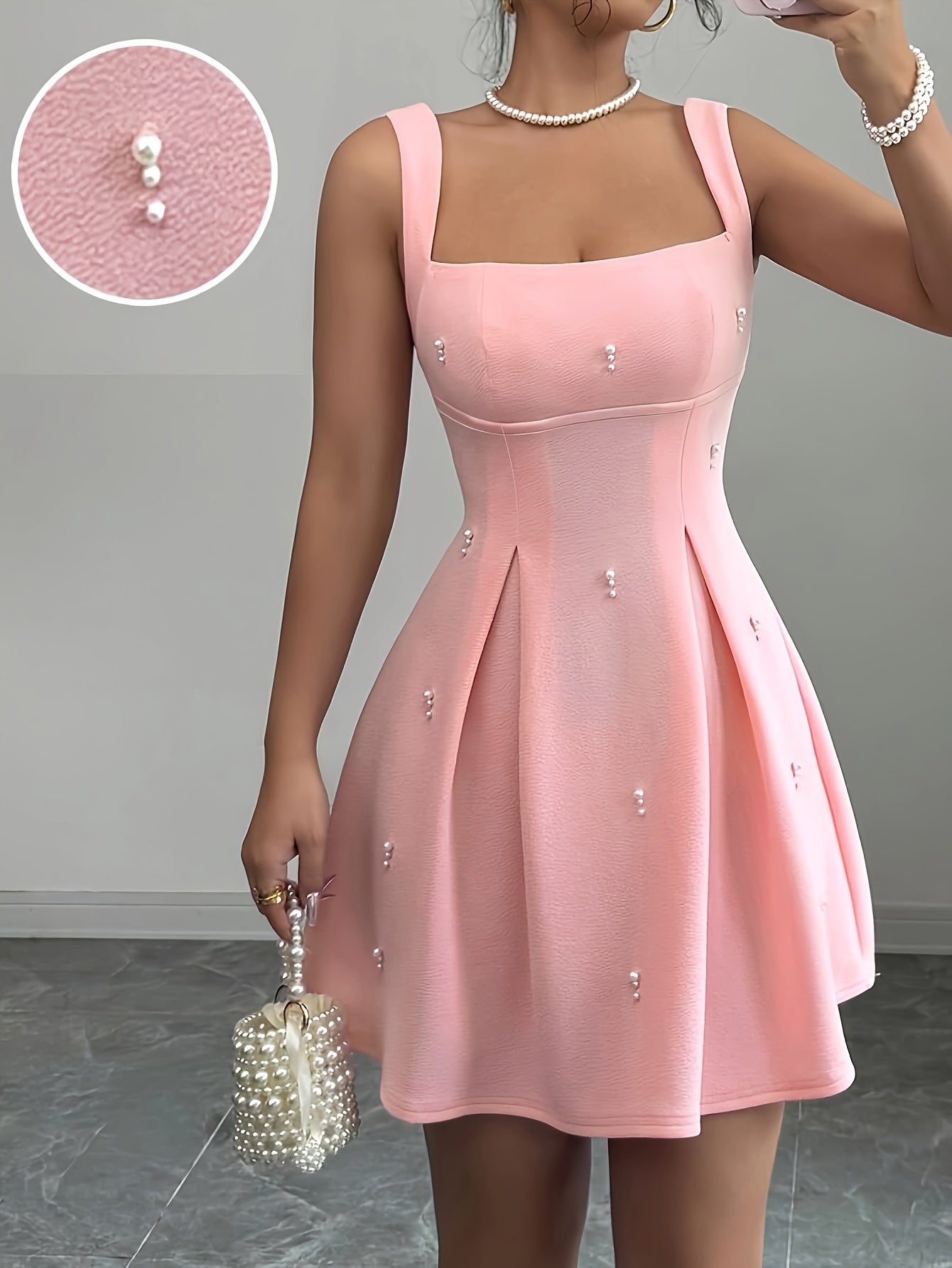 obe femme rose pastel sans manches – Col carré, jupe A-line évasée, chic