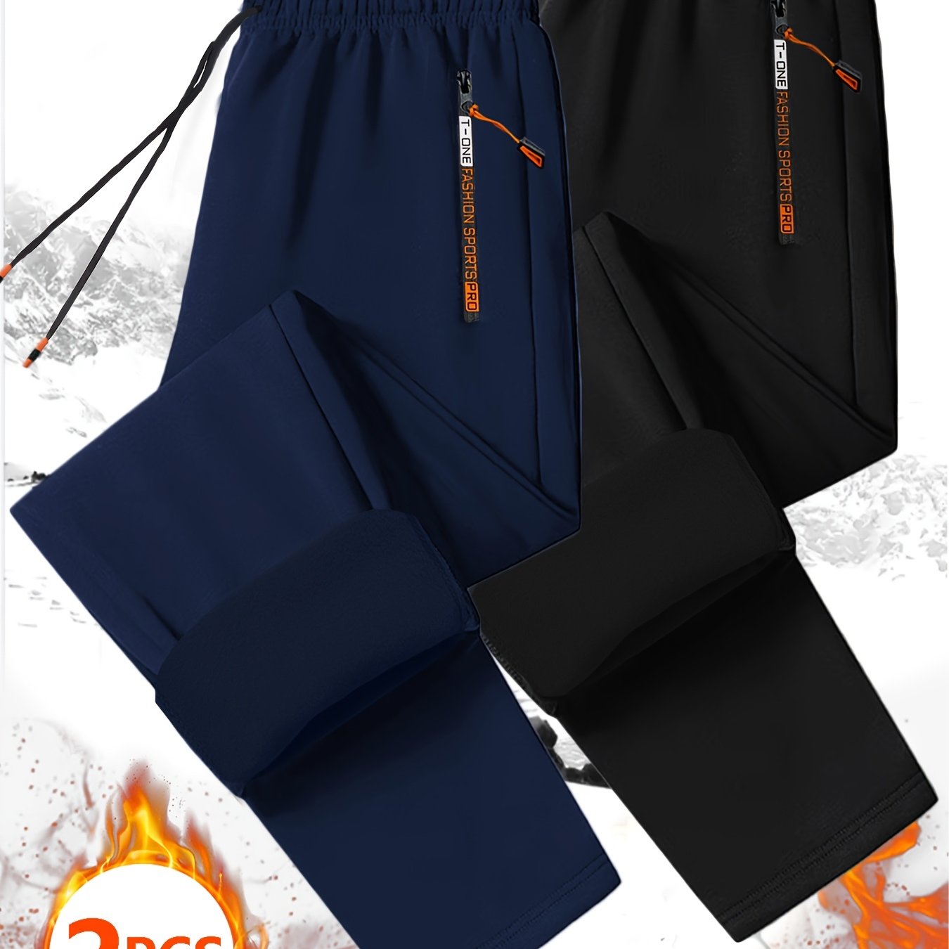 Pantalons thermiques en polaire pour homme (2 pièces) – poches zippées, taille à cordon, pantalons d’hiver chauds et résistants, idéals sport, course et activités extérieures, bleu marine, lavables à la main
