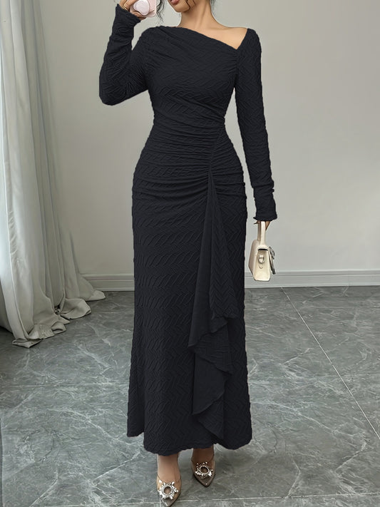 Robe moulante femme élégante à encolure asymétrique, manches longues, couleur unie, tissu texturé, détail froncé, parfaite pour le bureau ou tenue décontractée, mode printemps/automne