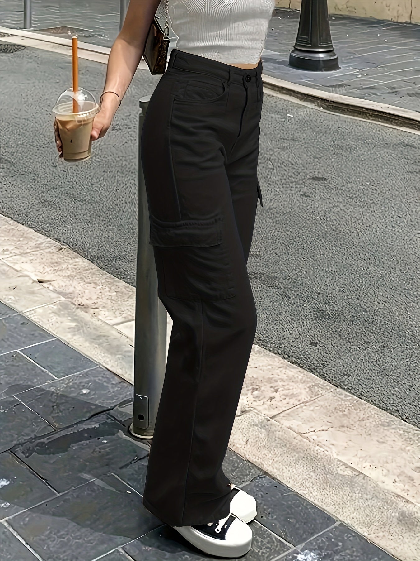 Pantalon Cargo Femme Taille Haute – Jambe Large avec Boutons, Tous Saisons