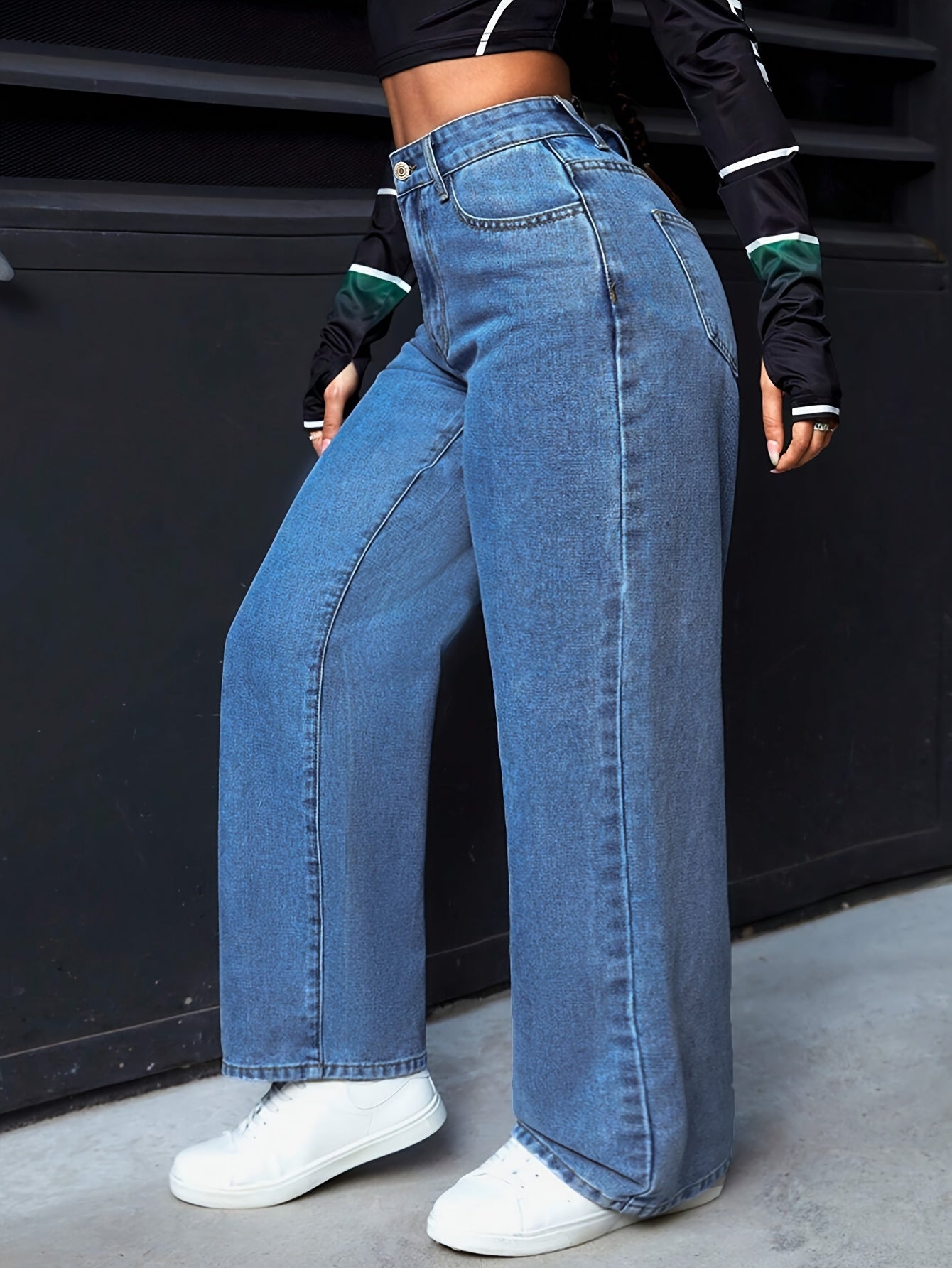 Jeans Femme Bleu Taille Haute Jambe Large Extensible Polyvalent