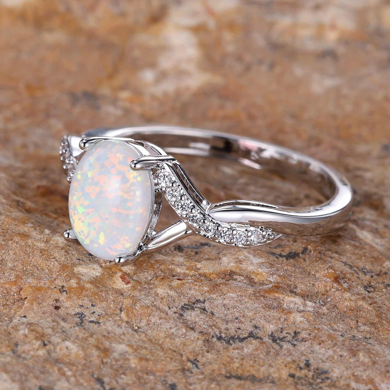 Oval White Opal  Twist Curved Ring for Women Simple Delicate Glitter Creative Design Wedding Ring EngaSynthetic Gemstoneent Party Wear Elegant Temperament Jewelry