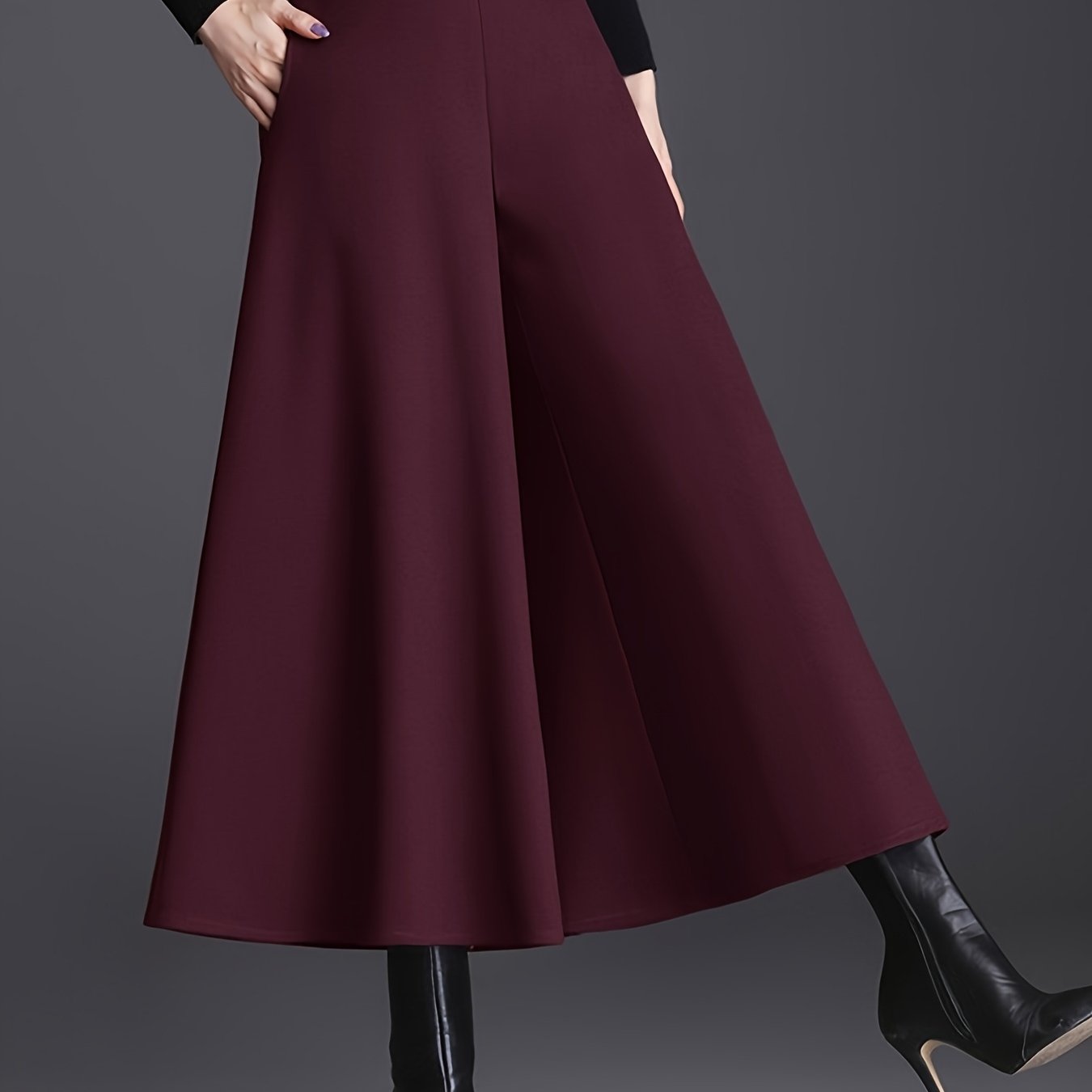 Pantalon Femme Taille Haute – Jambe Large Doublé Polaire, Taille Élastique, Confortable, 7/8, Automne/Hiver