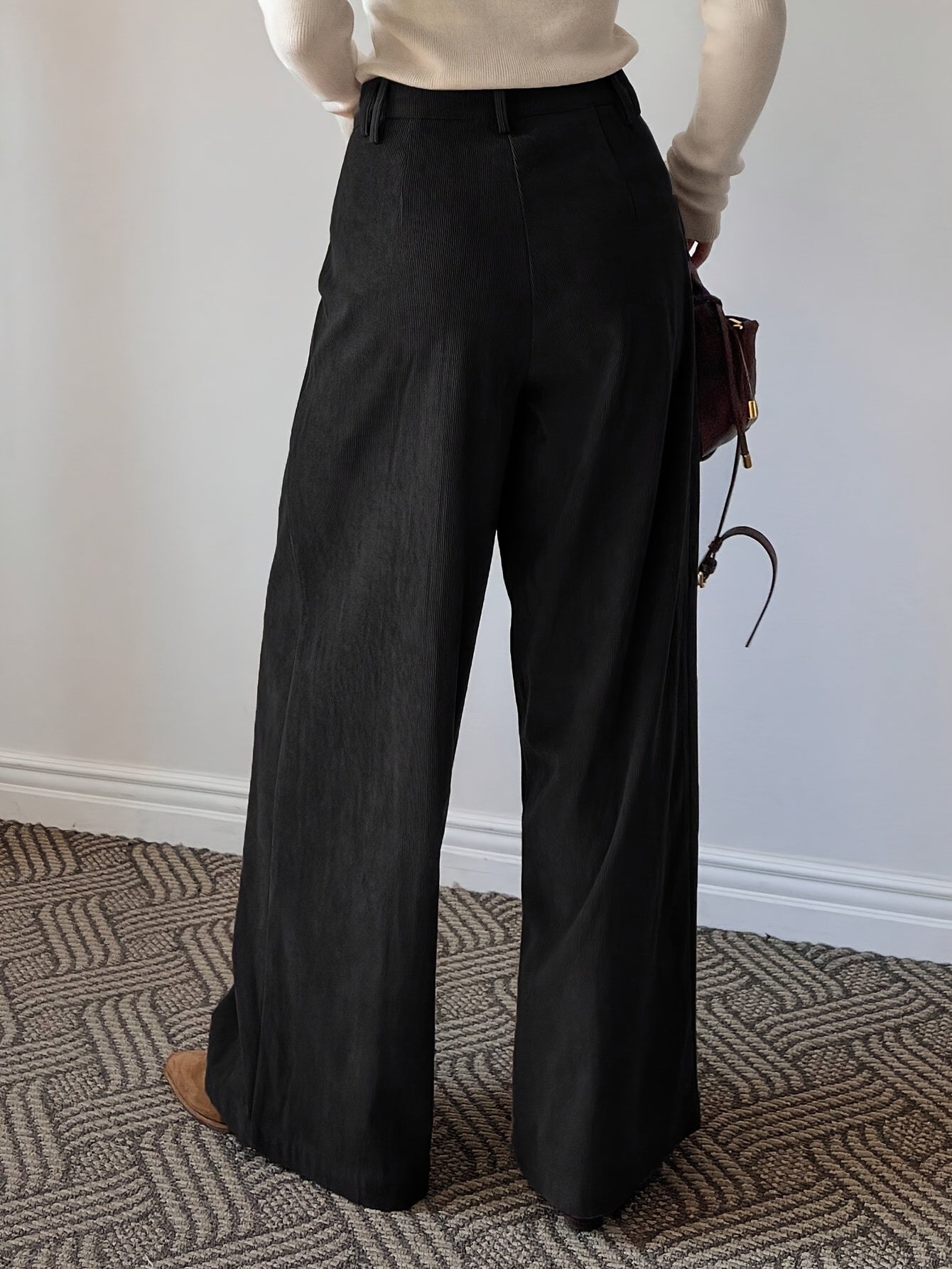 Pantalon Femme Élégant Taille Haute – Jambe Large, Hiver Épais, Boutons, Tissu Non Extensible, Bureau et Décontracté, Automne/Hiver