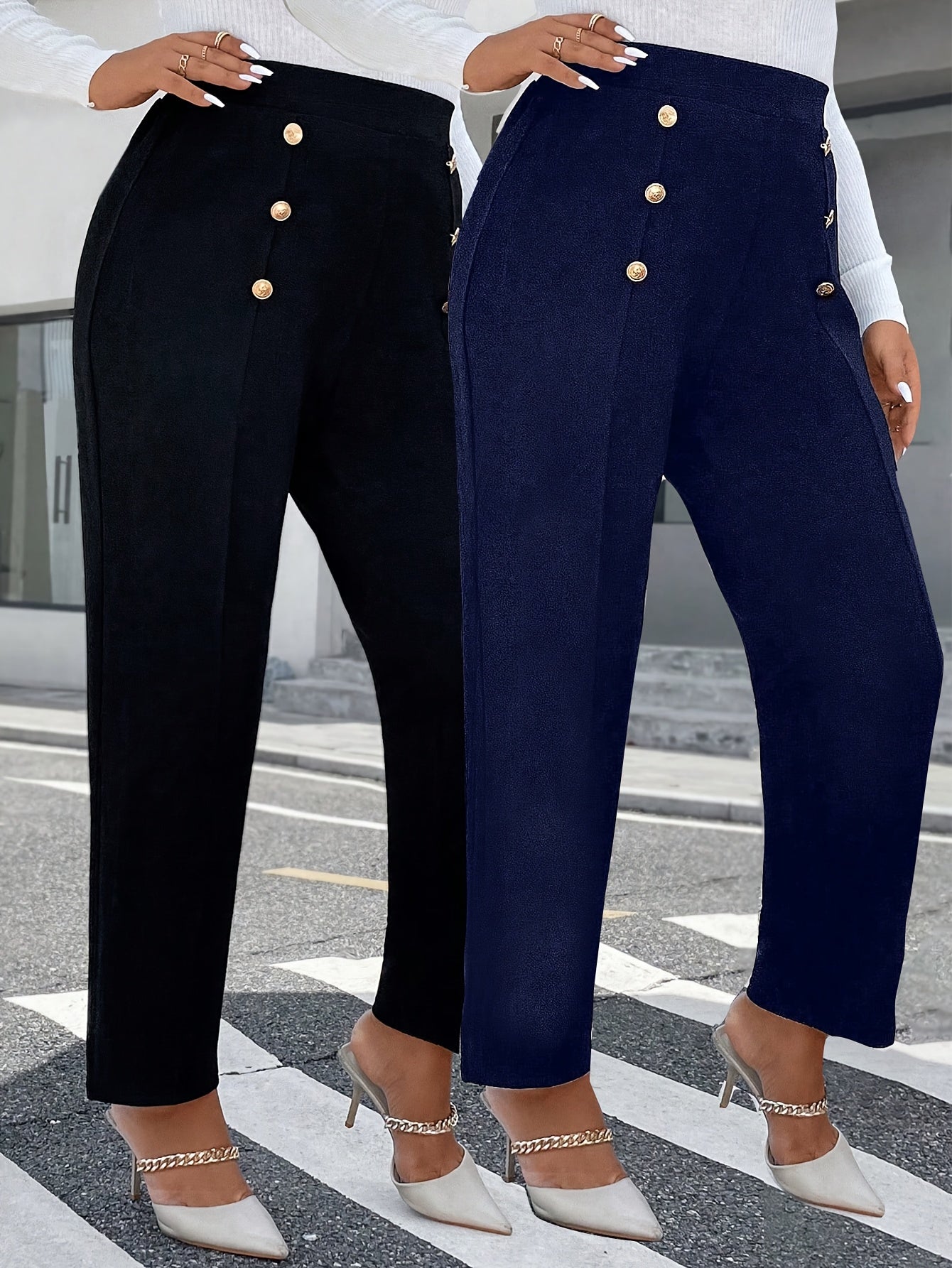 Lot de 2 Pantalons Femme Grande Taille – Taille Haute, Boutons, Jambe Droite, Noir
