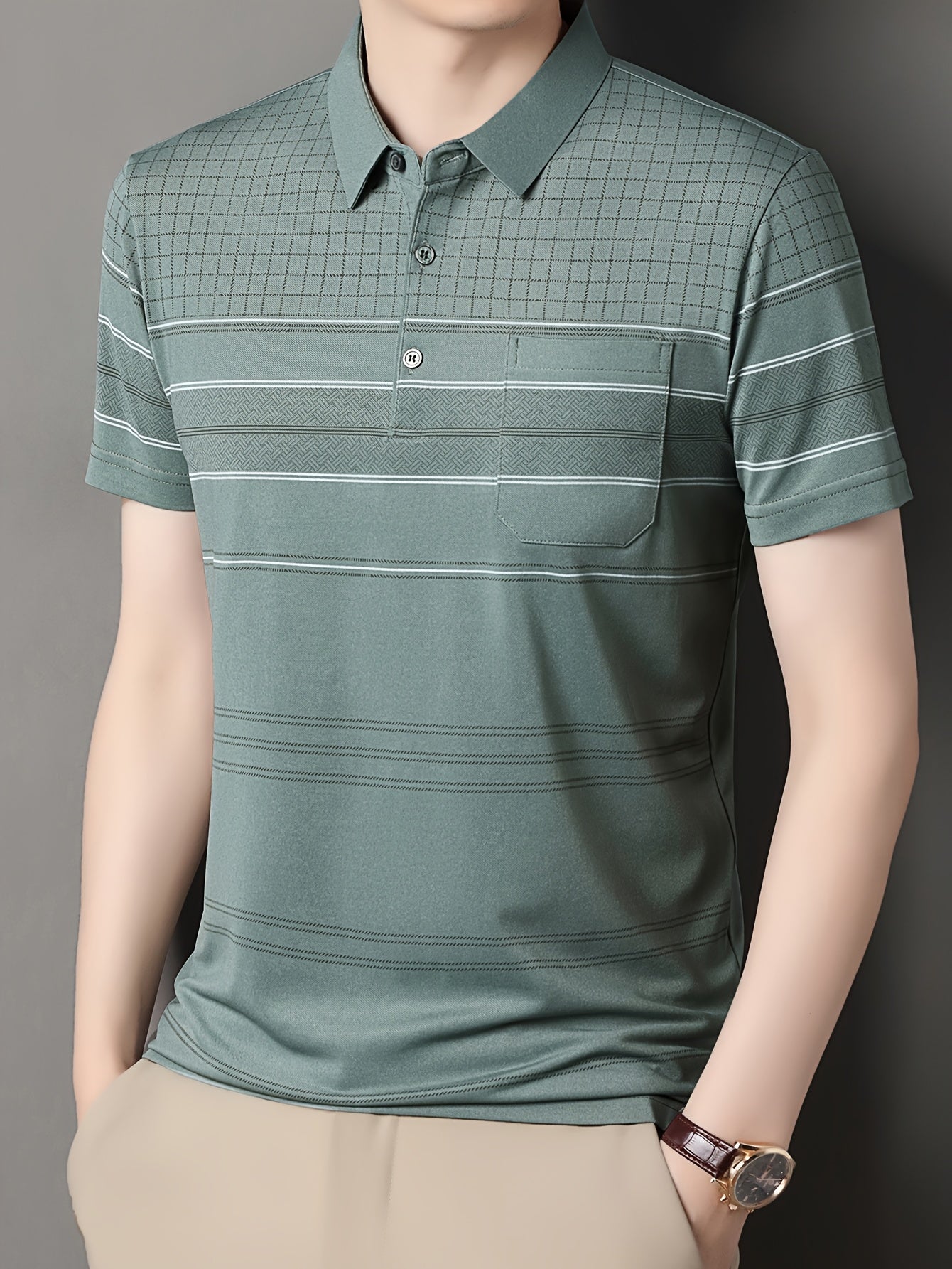 Men'S Summer Casual Short Sleeve T-Shirt with Pockets, Striped Pattern, Half Placket Lapel Collar, Regular Fit - Ideal for Work and Casual Attire, Work Uniform|Short Sleeve Shirt|Sleek Look
