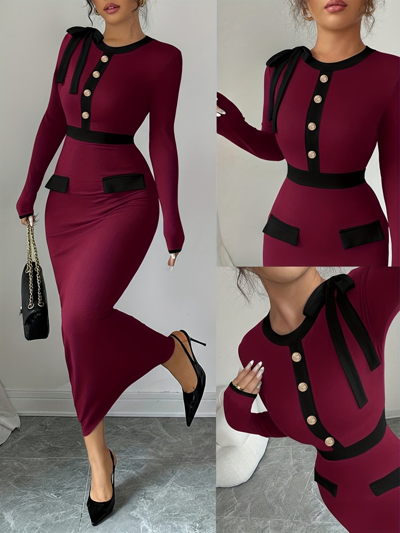 Women's Elegant A-Line Dress with Bow & Button Neckline - Black & White Contrast Long Sleeve Wedding Guest Dress, Church Dress, Year-Round Wear - Machine Washable A-Line Silhouette for Parties & Special Occasions (s)