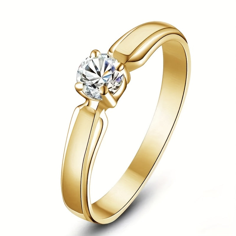 A Timeless 4-Claw Set Round Zirconia Engagement Ring for Women, Perfect for Everyday Dating, Proposals, And Bridal Occasions. This Simple Yet Elegant Golden Ring Is Ideal for Parties And Special Events.