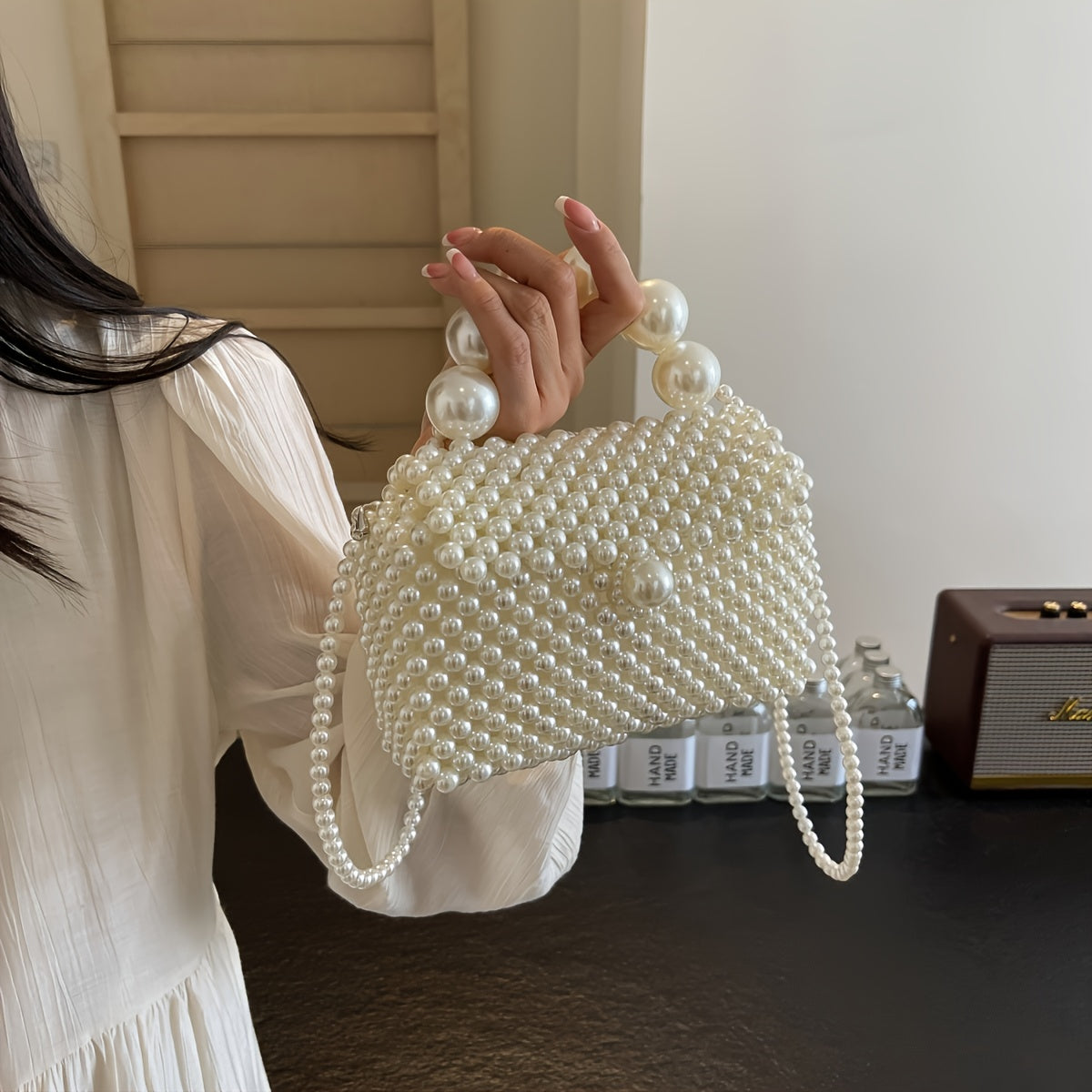 Sac à main femme chic perlé – Tissé à la main, multi-usage pour téléphone, shopping et soirées, sac fourre-tout/épaule, poignée en perles