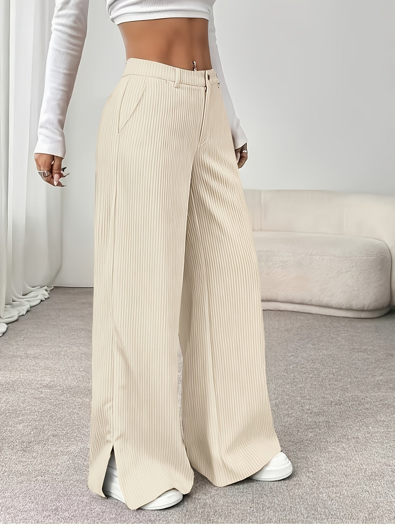 Pantalon Femme Décontracté Jambe Large – Poches Latérales, Tous Saisons, Bureau et Décontracté