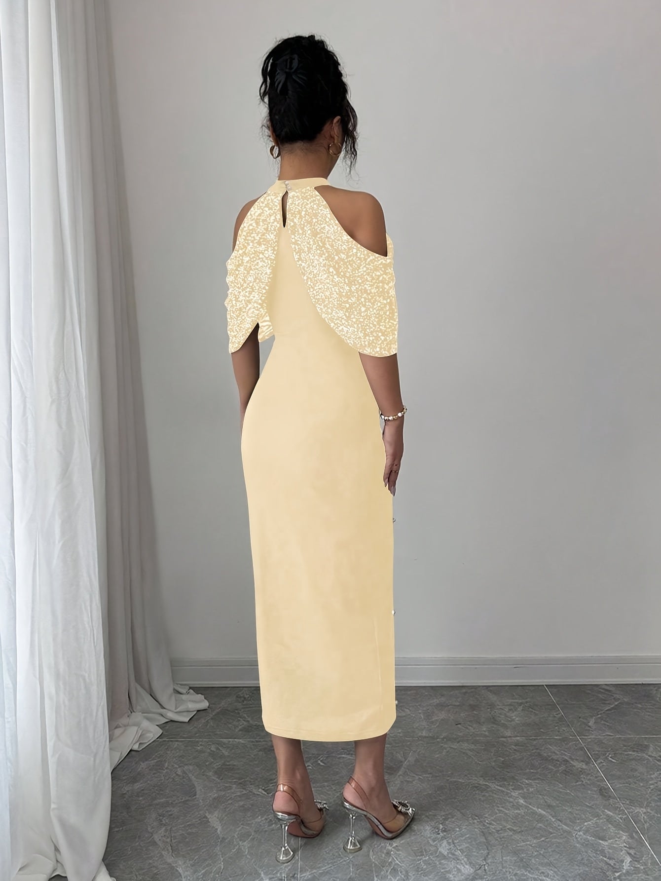Pearl Bodycon Dress | Off-Shoulder Sequins + Back Cutout, an Elegant Evening Gown.