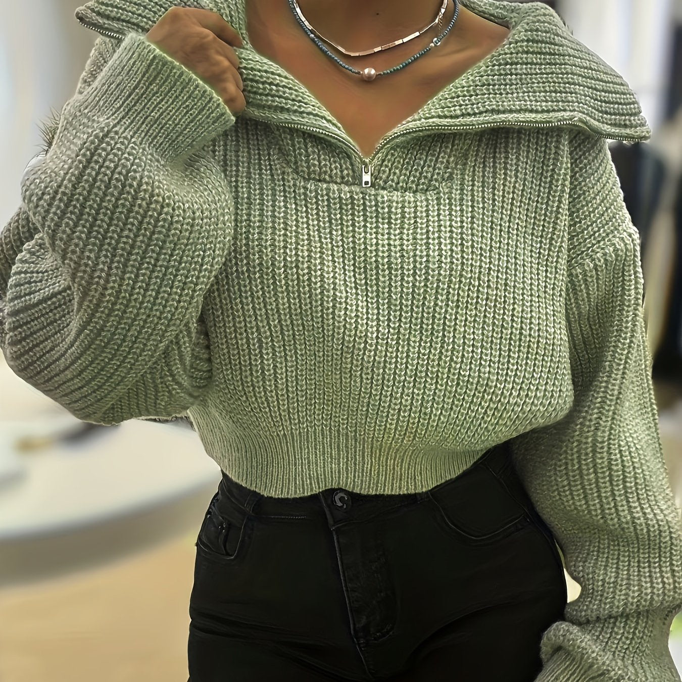 Pull court femme automne-hiver à demi-zip et manches lanterne – Pull côtelé élégant, coupe slim, tissu stretch mi-épais, lavable en machine, style décontracté chic, détail côtelé plié