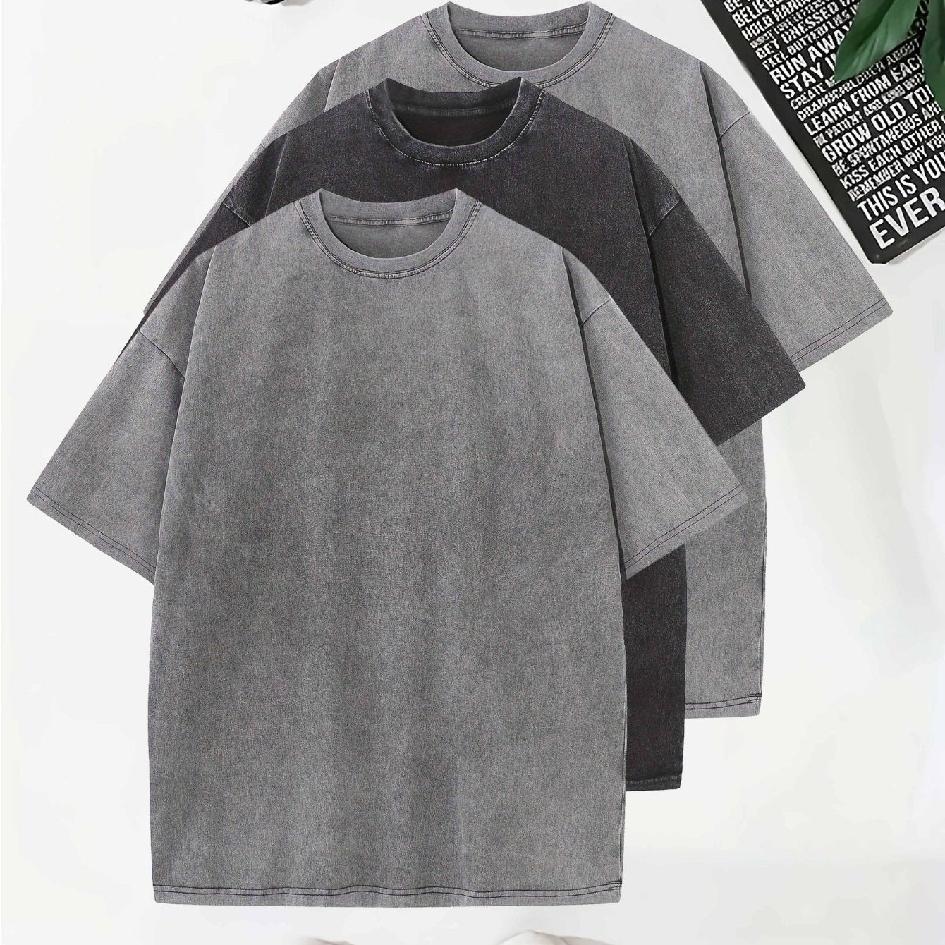 Temujin Starry 3pcs Washed Cotton Distressed 100% Pure 240g Crew Neck T Shirt, Simple and Fashionable