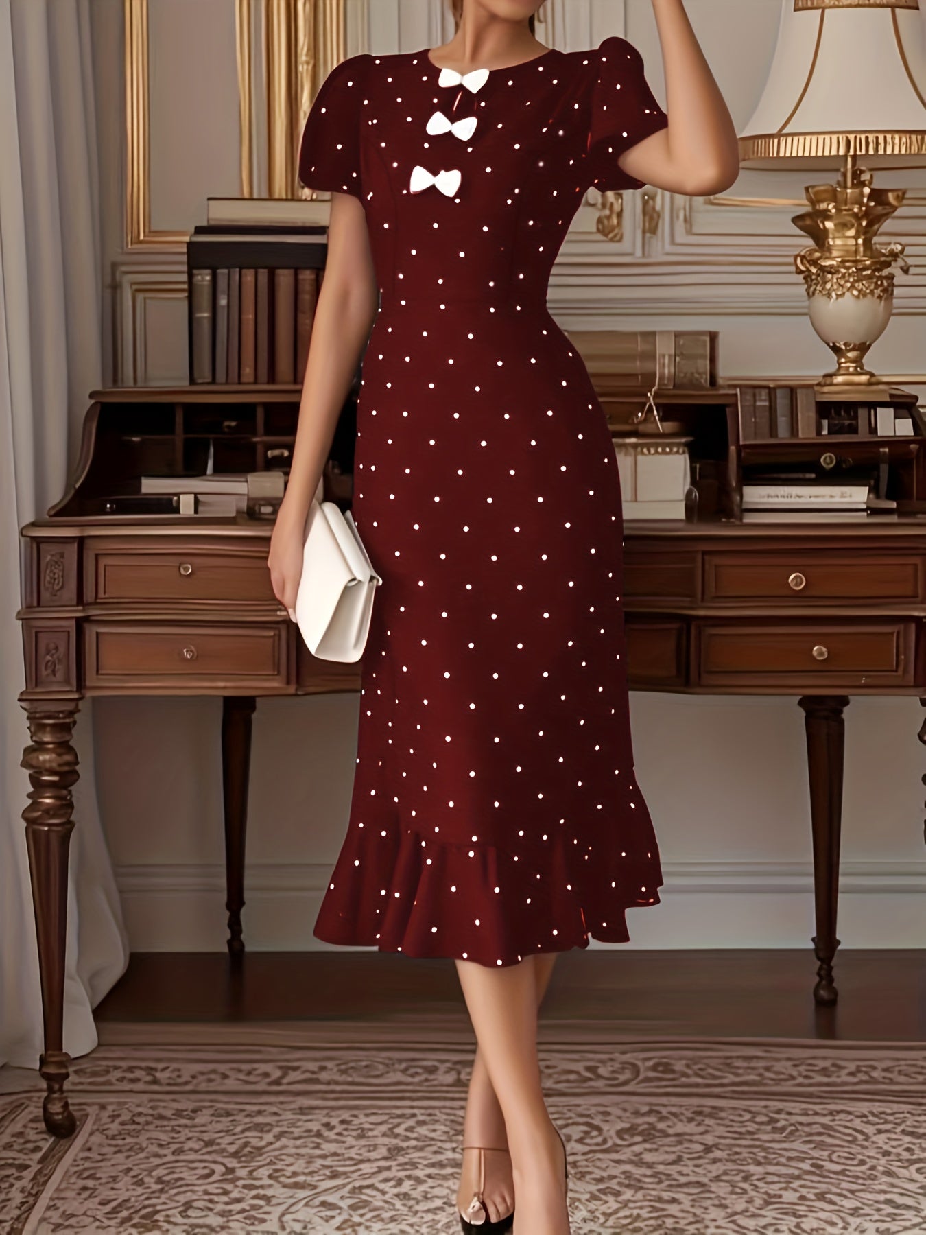 The Elegant Dress with Lantern Sleeves, a Bow, And Ruffled Polka Dot Print Is Perfect for Spring And Summer.