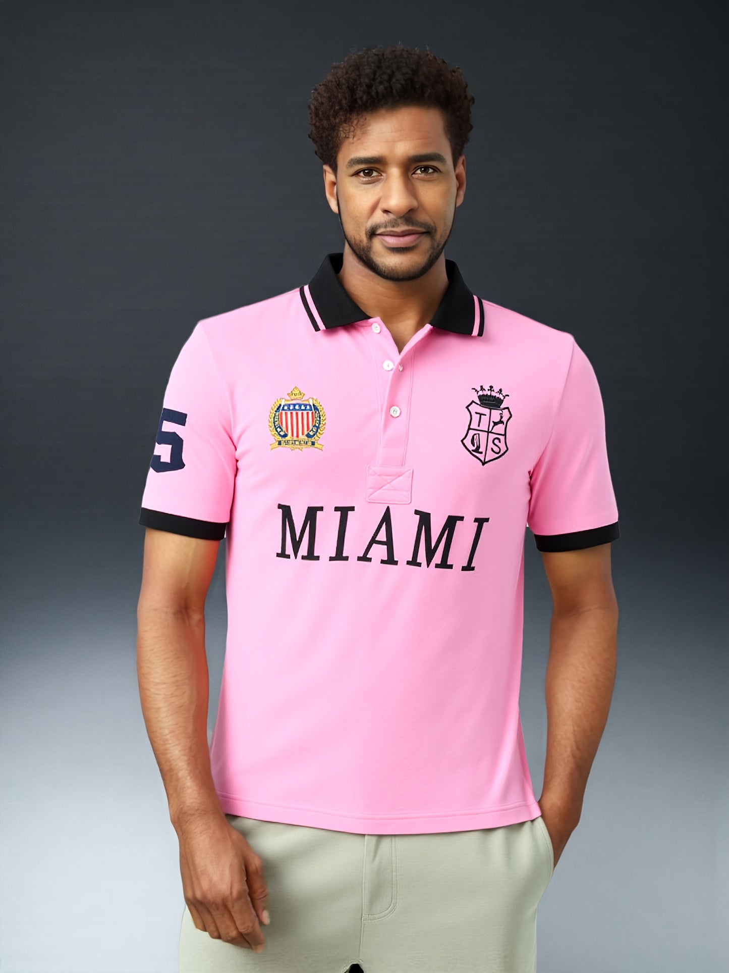 Men'S Miami Pink Polo Shirt | Slim Fit with Embroidered Details and Slit Hem, Casual Style