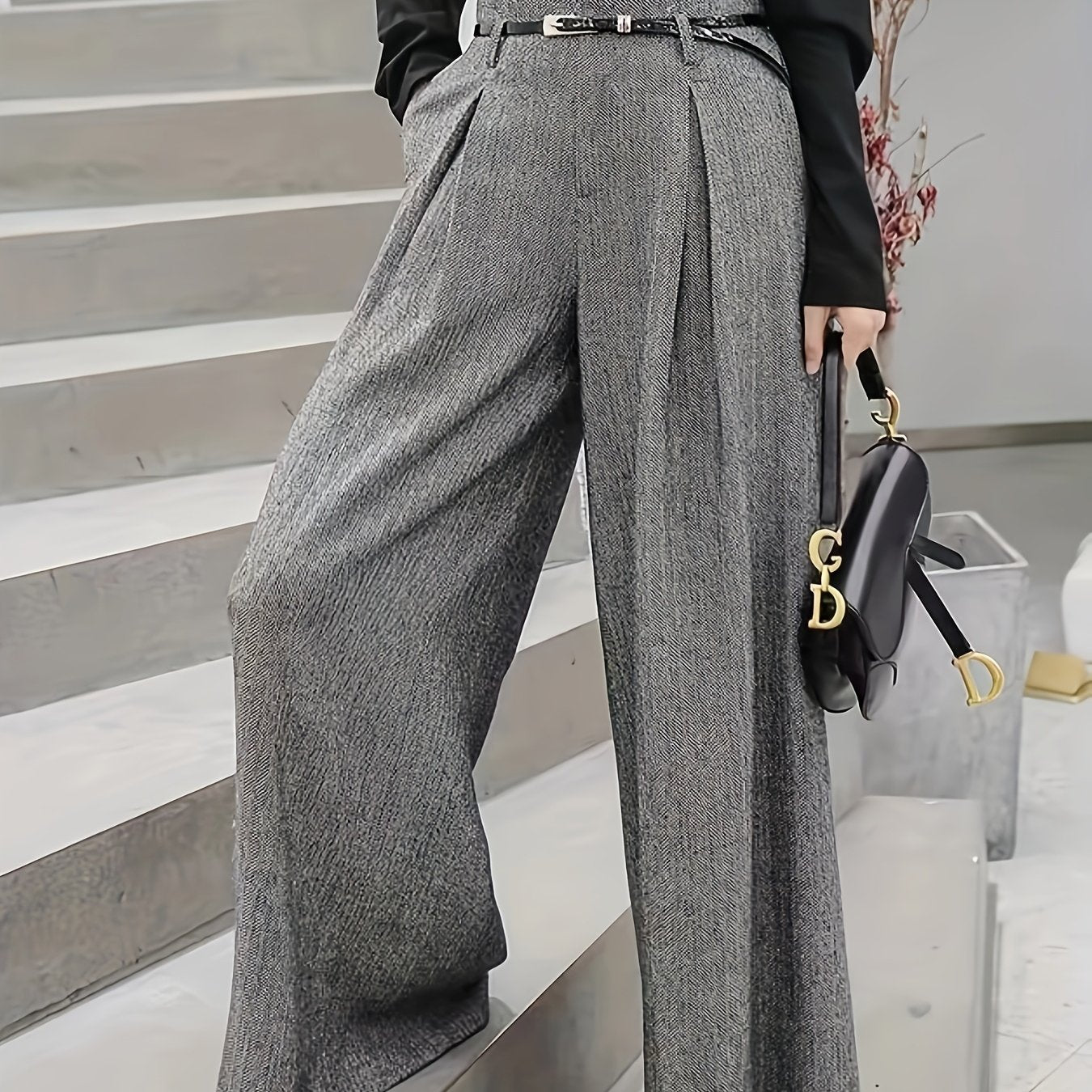 Pantalon Femme Élégant Taille Haute – Jambe Large en Tweed, Détail Plissé, Motif Géométrique Gris Clair, Sans Ceinture, Bureau et Décontracté